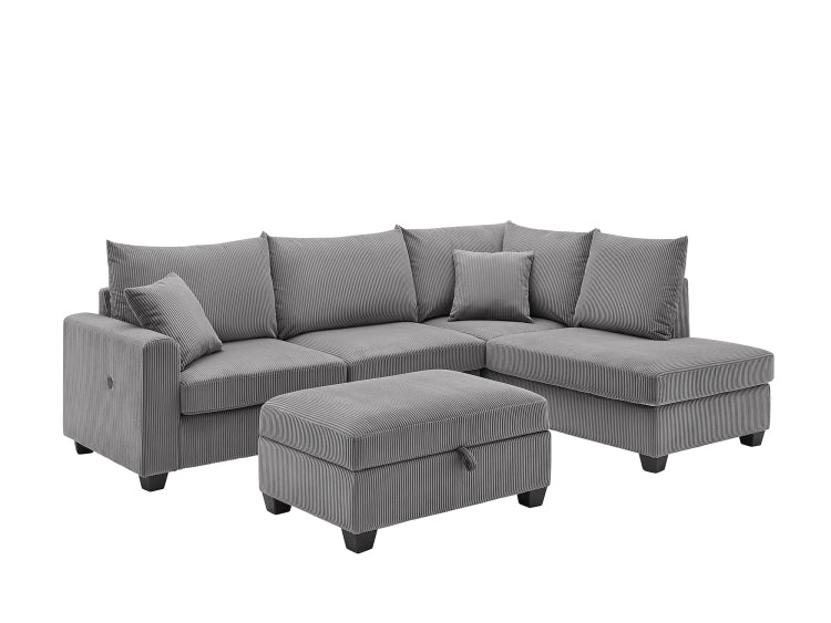 Rowan 107"W Dark Gray Corduroy Fabric Sectional Sofa With Right Facing Chaise, Usb & Usb C Charging Port, Storage Ottoman, And Pillows