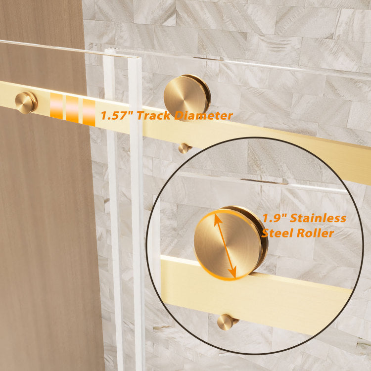 Frameless Single Sliding Shower Door 56 60 "W X 76" H, 1 4 " 6 Mm Clear Tempered Glass, Explosion Proof Film, Stainless Steel Handle Square Tube Track ,Brushed Gold
