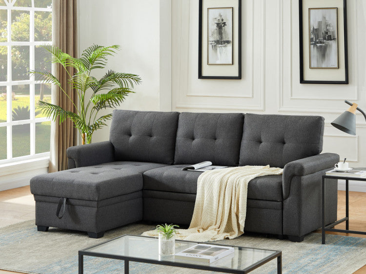 Jardin 84"W Dark Gray Linen Reversible Sleeper Sectional Sofa With Storage Chaise