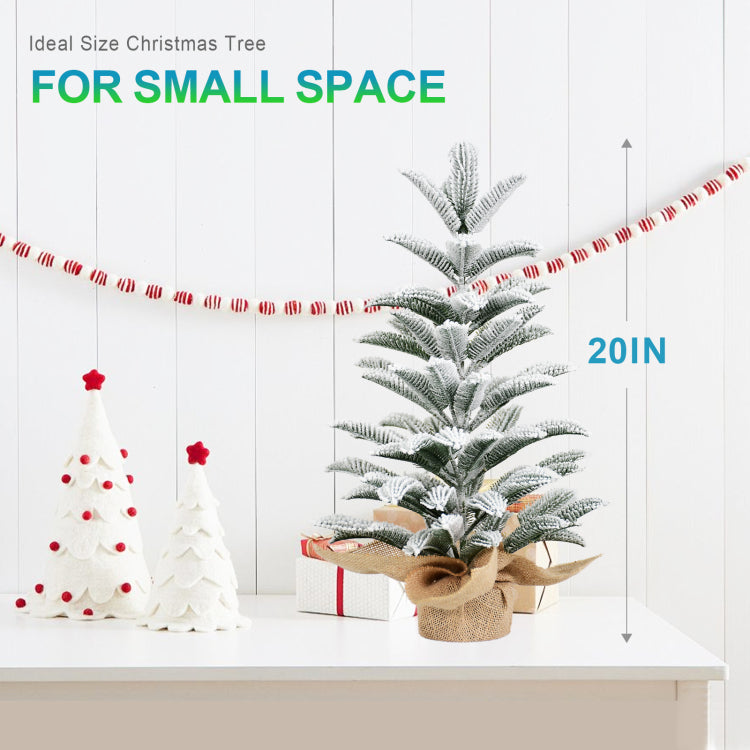50Cm Flocked Tabletop Christmas Tree, Full Pe Snowy Mini Tree With 85 Tips, Cement Burlap Base Small Winter Holiday Decor For Home, Office, Desk Or Gifts