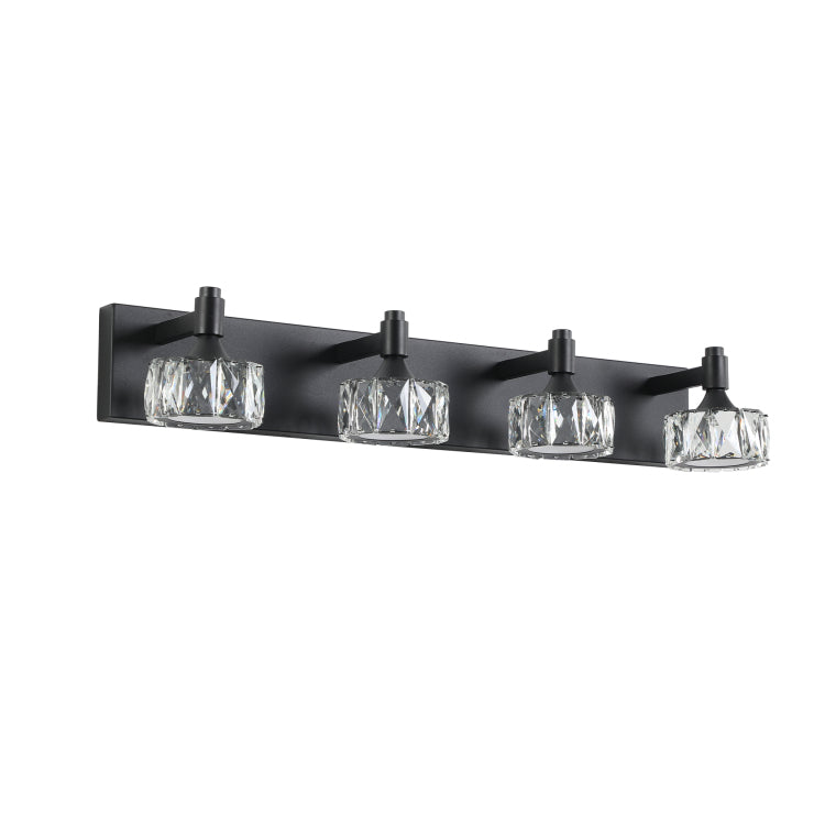 Modern 4 Light Matte Black Led Vanity Light Fixture With Crystal Glass Shades, Bathroom Wall Sconce For Elegant And Contemporary Home Decor