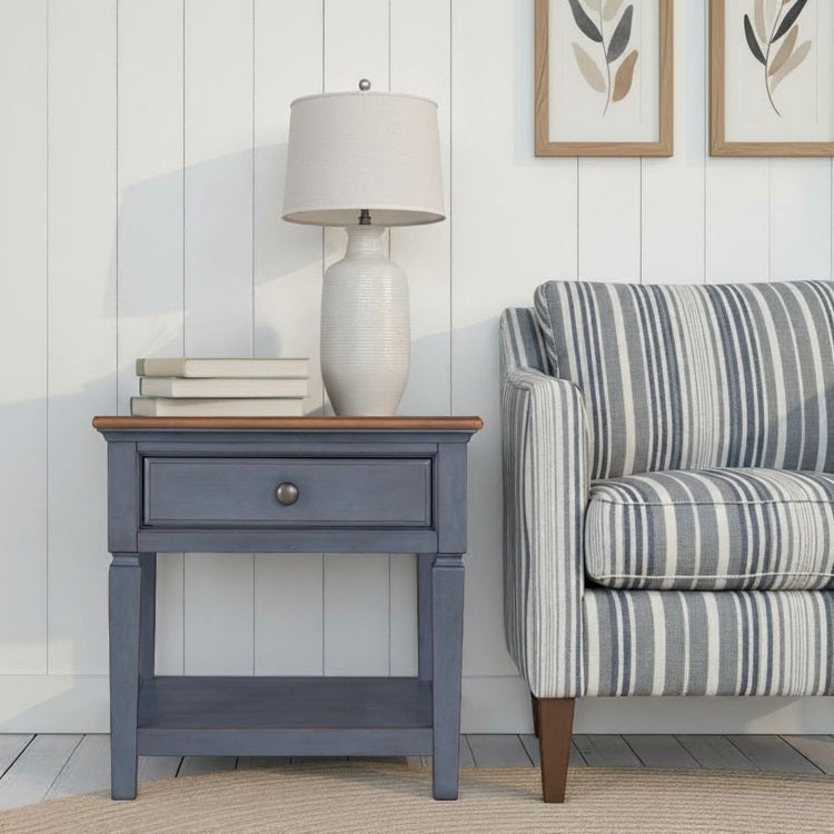 Americana 24 Inch End Table, Corduroy Blue Finish, Minimal Assembly Required