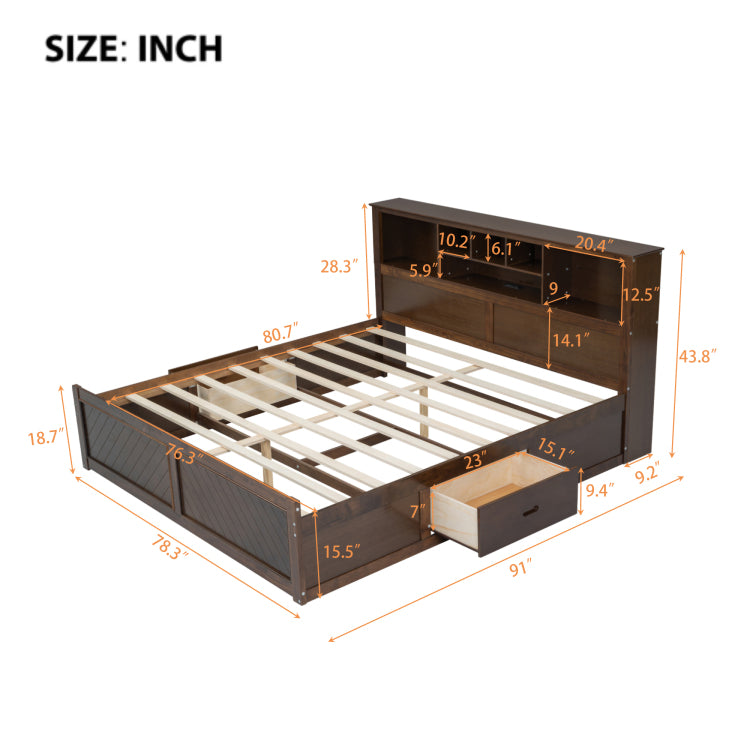 King Size Wood Platform Bed With Multi Storage Headboard, Usb And Drawers, Antique Wood Color