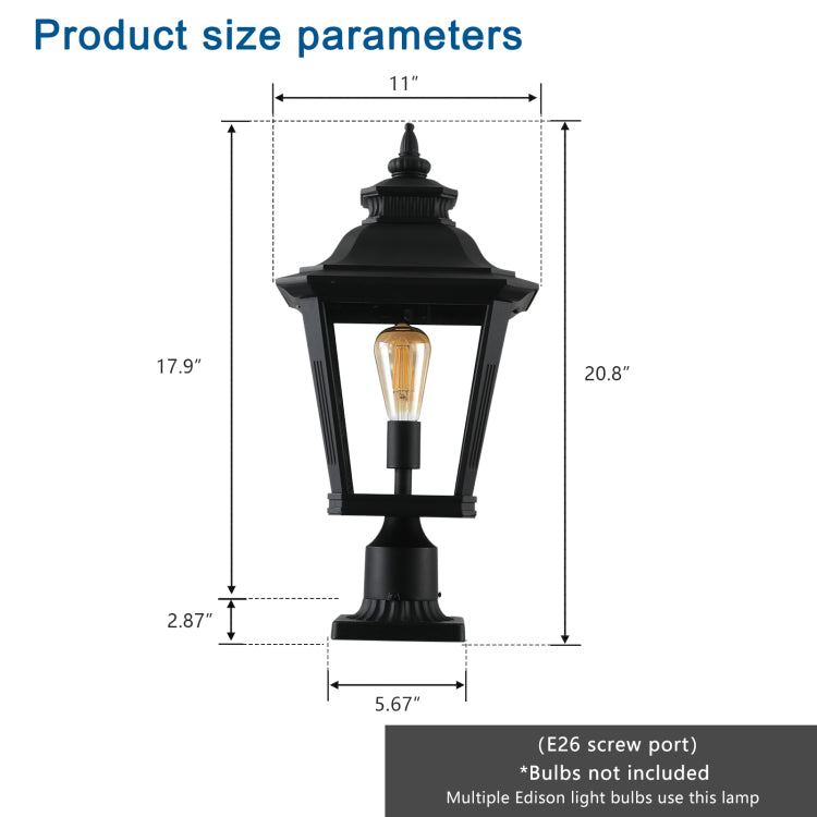 21" H 1 Pack Outdoor Post Lantern Light Vintage Black Metal & Clear Glass Pillar Lamp For Garden, Gate, Driveway, And Pathway Lighting With Elegant Design Bulb Not Included