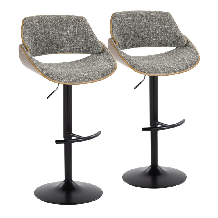 Mid Century Modern Adjustable Barstool In Walnut Wood, Black Metal And Noise Grey Fabric With Rounded T Footrest Set Of 2