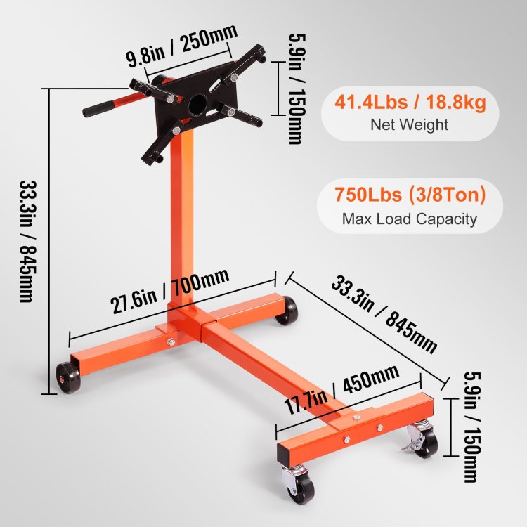 Engine Stand, 750 Lbs 3 8 Ton Rotating Engine Motor Stand With 360 Degree Adjustable Head, Cast Iron Motor Hoist Dolly, 4 Caster, 4 Adjustable Arms, For Vehicle Maintenance, Auto Repair