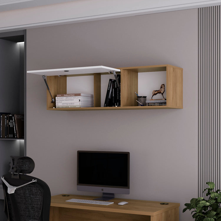 Roslyn Wall Mounted Cabinet With Lift Up Door, Open Compartments, Natural Oak And White