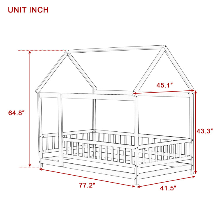 Twin Size House Floor Wooden Bed With Roof Frame,Safety Guardrails,Grey