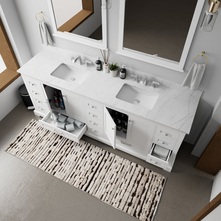 White Double Bath Vanity 84 In. W X 22 In. D, Carrara Marble Top, And Faucet Set