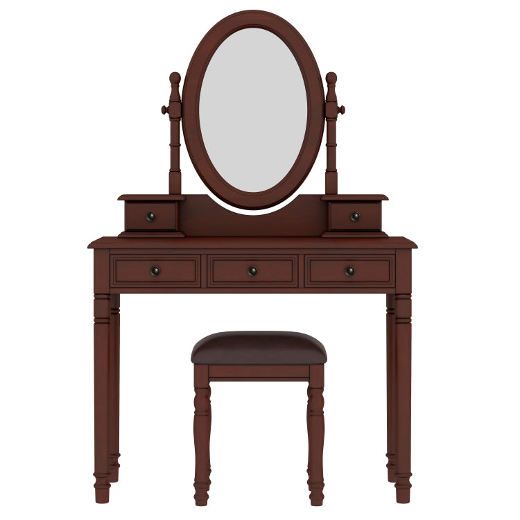 Vanity Desk With Adjustable Angle Mirror, Vintage Vanity Makeup Table And Cushioned Stool Set With Velvet Fabric Lining 5 Drawers,Wooden Dressing Table Set For Bedroom, Walnut
