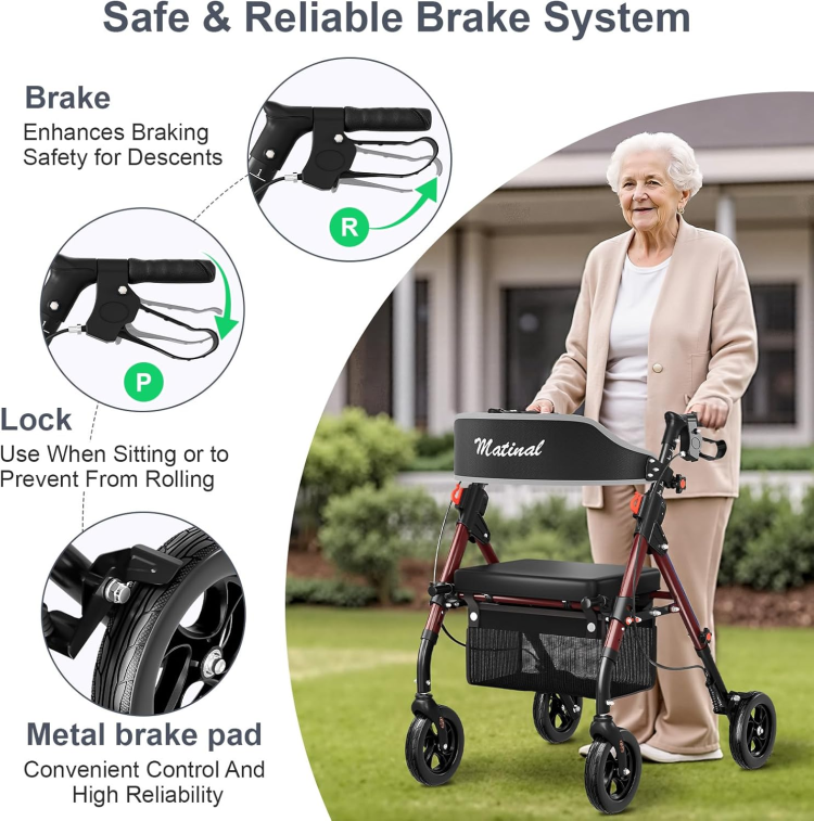 Matinal Foldable Rollator Walkers With Seat For Seniors, 350 Lb Capacity, 8'' Big Wheels, 6 Position Height, Premium Hybrid Rolling Walker Aluminum And Carbon Steel Burgundy
