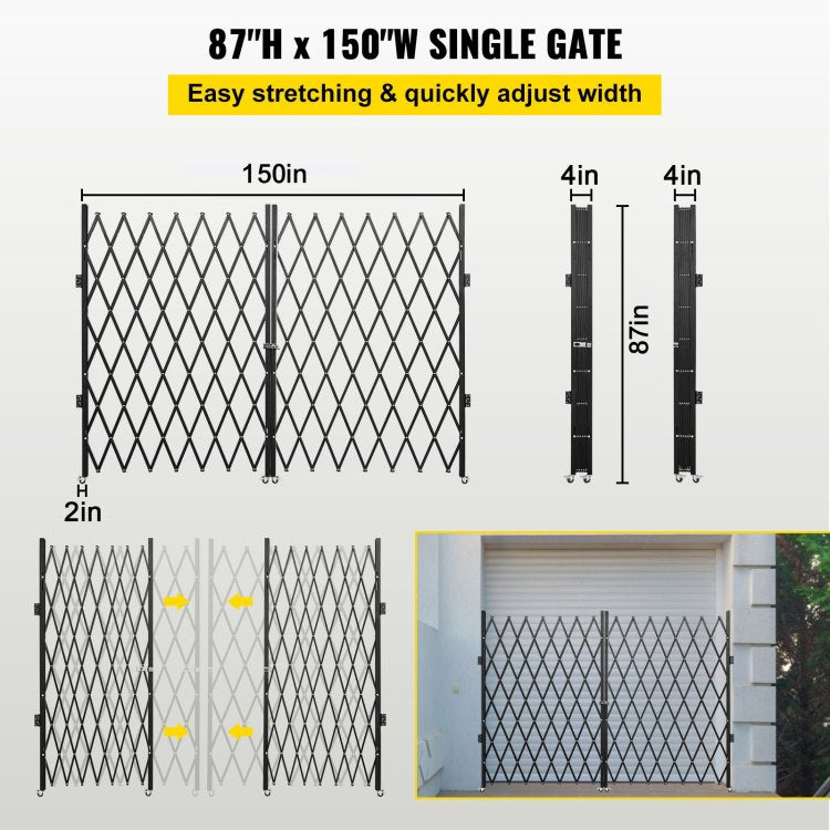 Double Folding Security Gate, 7.1' H X 12.5' W Folding Door Gate, Steel Accordion Security Gate, Flexible Expanding Security Gate, 360 Rolling Barricade Gate, Scissor Gate Or Door With Keys