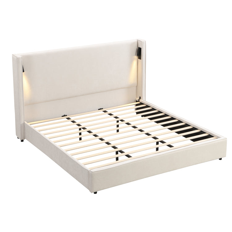 King Size Upholstered Bed Frame With High Wingback Headboard,Reading Lamp And Usb Port,Beige
