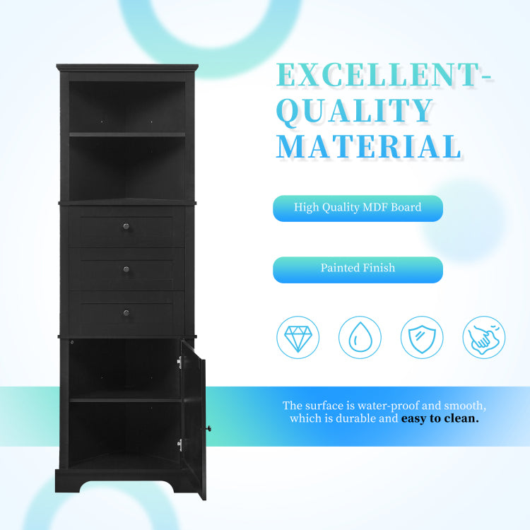Black Triangle Tall Cabinet With 3 Drawers And Adjustable Shelves For Bathroom, Kitchen Or Living Room, Mdf Board With Painted Finish Wf306469Aag Color