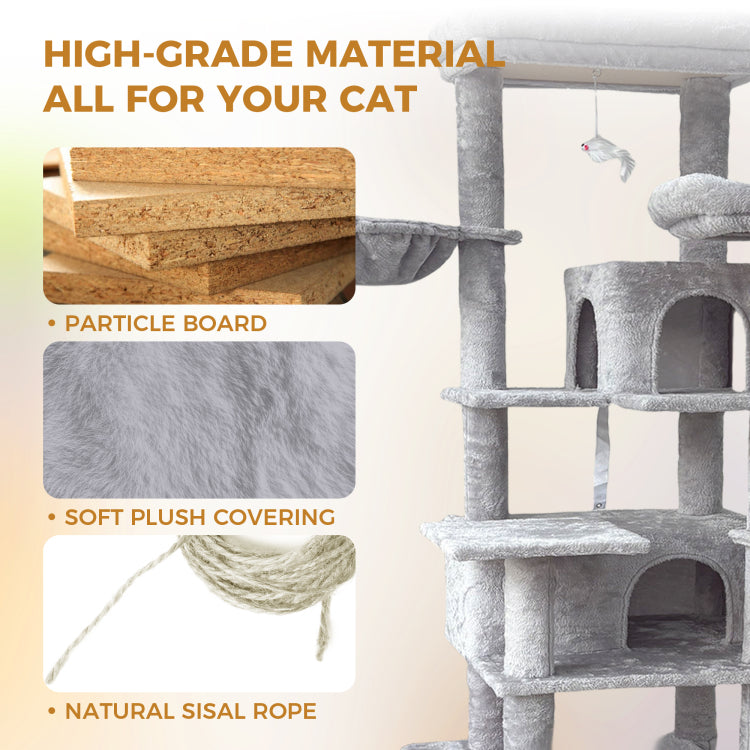 68In Tall Multi Level Green Cat Tree With Hammocks, Hanging Basket, Cat Cave, Removeable Cushion, Scratching Posts Plush Cat Tower For Indoor Cats, Perfect For Multiple Cats Grey