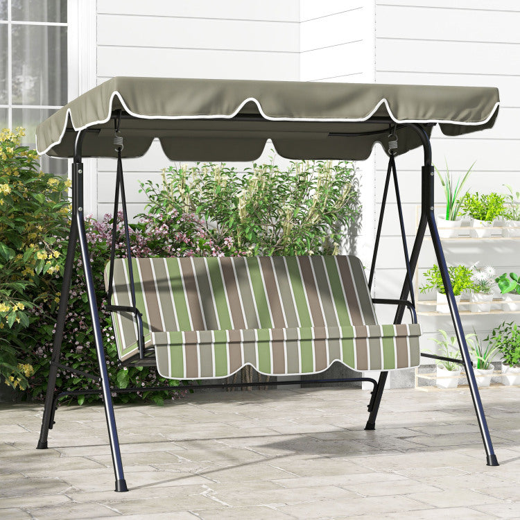 Outsunny 3 Seat Outdoor Patio Swing Chair With Removable Cushion, Steel Frame Stand And Adjustable Tilt Canopy For Patio, Garden, Poolside, Balcony, Backyard, Beige & Green
