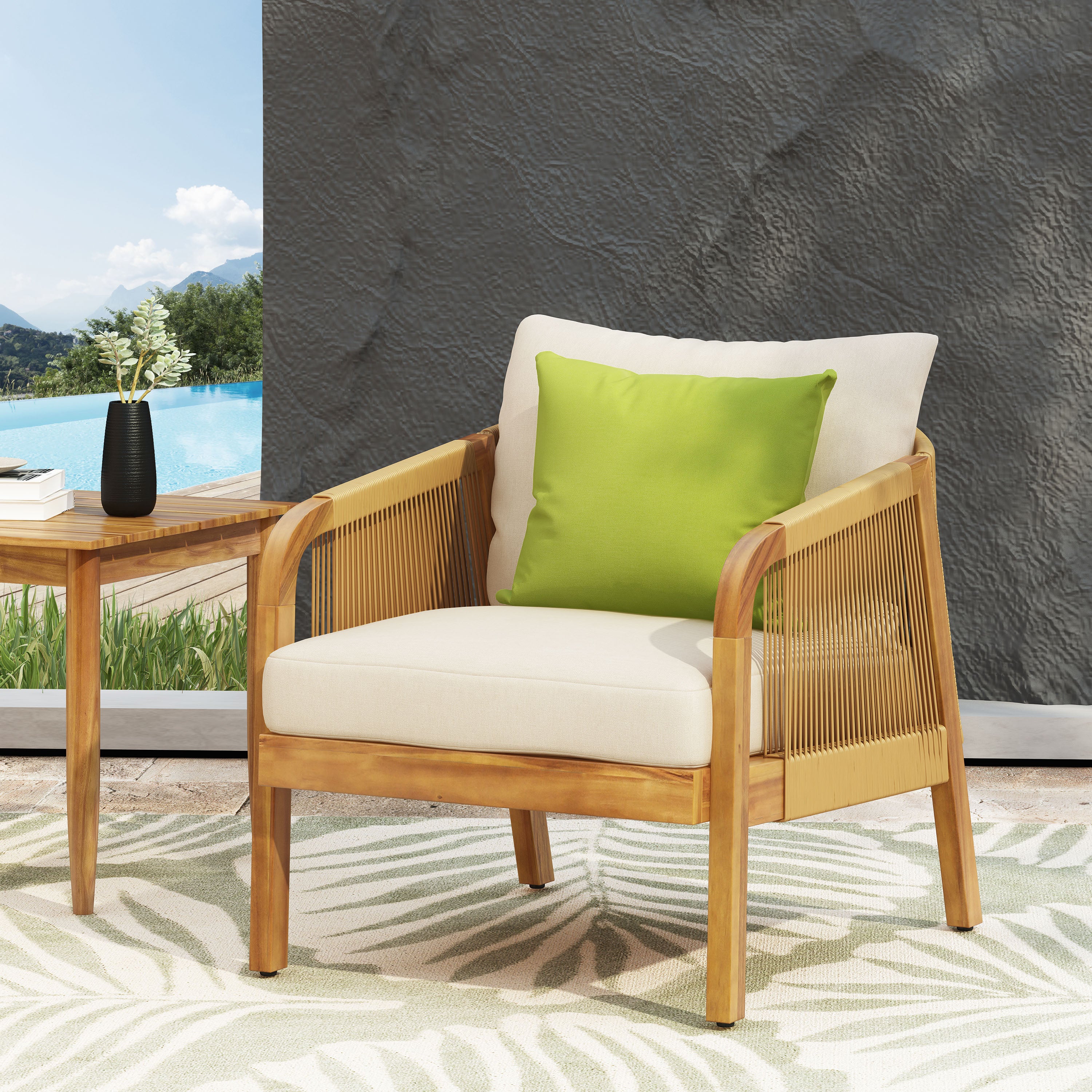 Acacia Wood And Wicker Outdoor Club Chair, Deep Seating With Soft Cushion, Porch Chairs For Garden, Backyard Porch Balcony, Brown & Beige