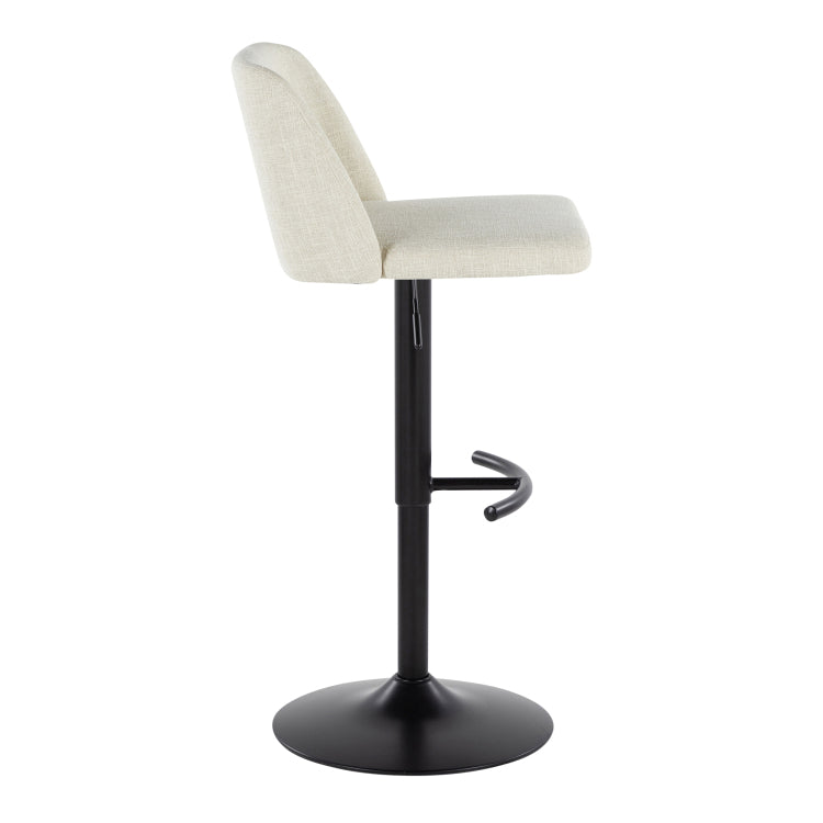 Contemporary Adjustable Barstool With Swivel In Cream Fabric And Black Metal With Rounded T Footrest Set Of 2