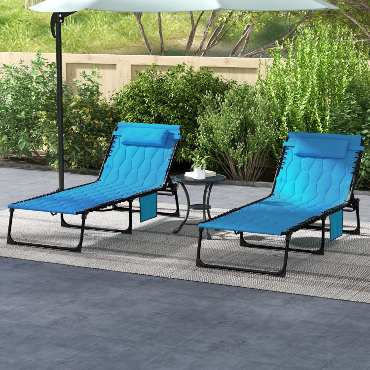 Outsunny Folding Chaise Lounge Set With 5 Level Reclining Back, Outdoor Lounge Tanning Chair With Padded Seat, Side Pocket & Headrest For Beach, Yard, Patio, Sky Blue