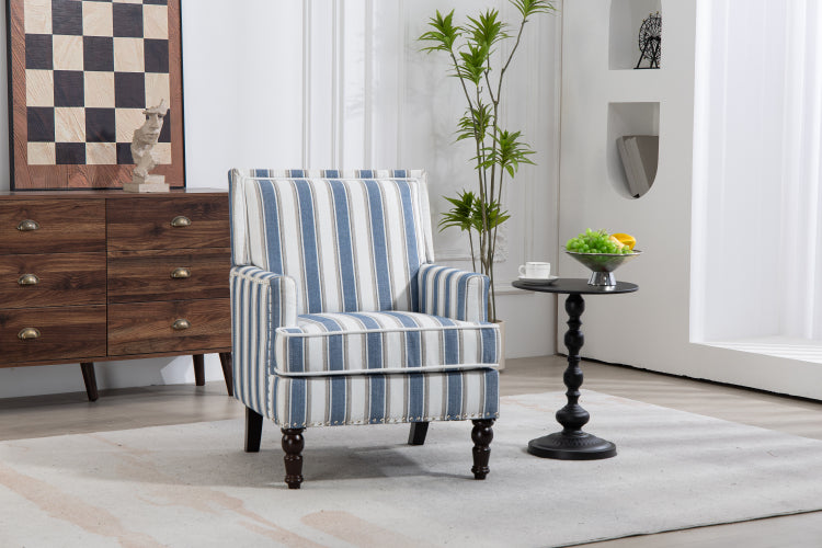 Upholstered Accent Chair, Vintage Armchair With Blue And White Striped Linen Fabric And Nailhead Trim For Living Room