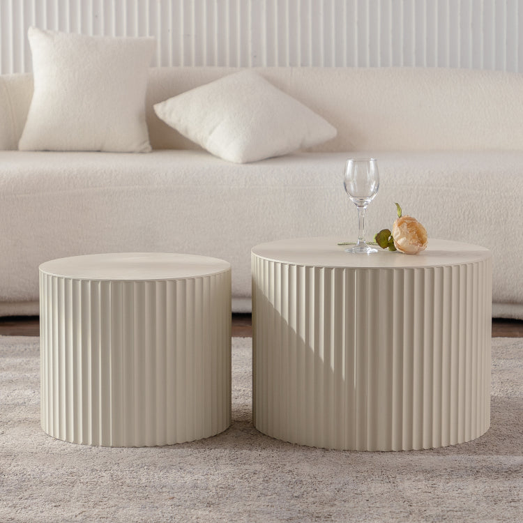 Beige Nesting Coffee Table Set Of 2 Modern Drum Side Table End Table Wave Stripe Round Coffee Table For Living Room