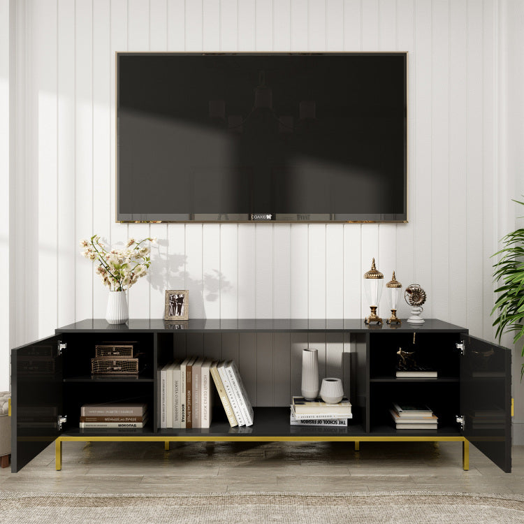 70 Inch Tv Stand, Heavy Duty Wood Media Entertainment Center Console With Cabinet Storage & Open Shelves For Living Room, Modern Design Black,Not Include Electric Fireplace