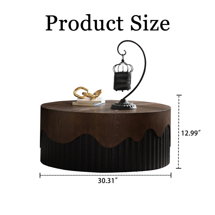 30.31" Round Coffee Table Handcrafted Relief Sturdy Pedestal Wooden Tea Table For Living Room No Need To Assemble