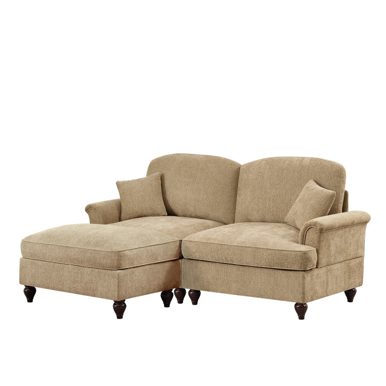 Elegant Mid Century Large Two Seater Modular L Shaped Sofa Couch With Flared Arms And Removable Ruffles Pleats Skirts And Spindle Legs, Comfy Chenille Loveseat Sofa With Movable Ottoman,Light Coffee