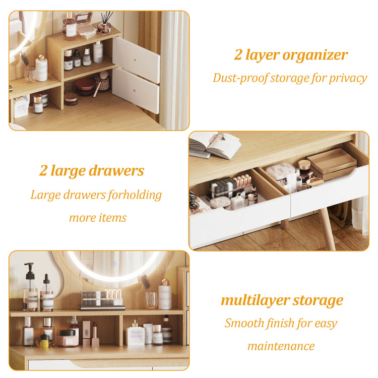 Makeup Vanity Desk With 3 Adjustable Lighted Mirror With Solid Wood Table Feet , Dressing Table Set With 4 Drawers And 3 Open Shelves For Small Space Bedroom