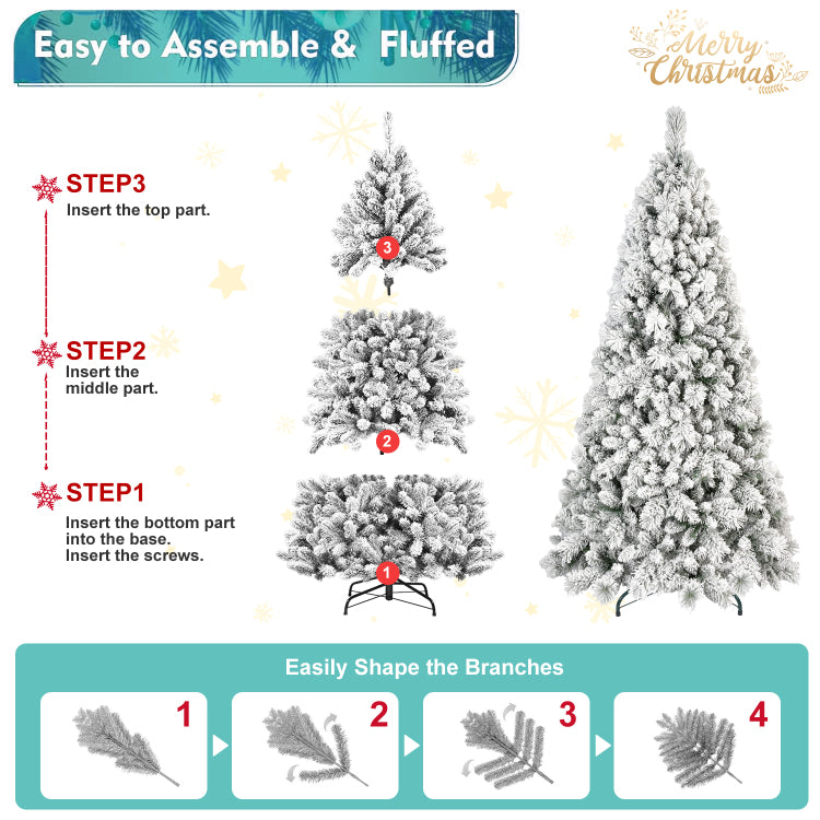 6Ft Flocked Christmas Tree With 350 Warm White Led Lights 752 Tips, Snowy Pvc & Hard Needle Branches, Hinged Design For Easy Setup, Sturdy Metal Stand Full & Realistic Holiday Tree