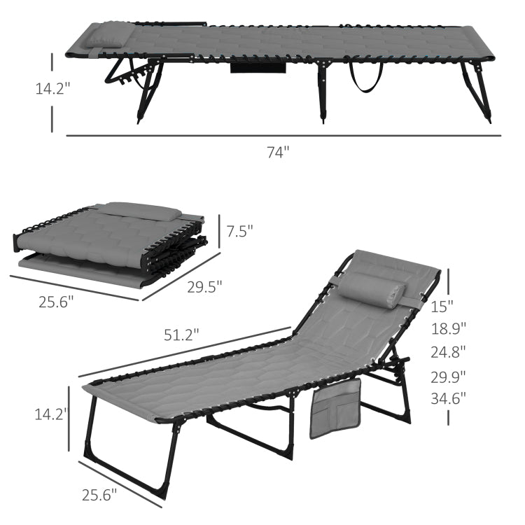 Outsunny Folding Chaise Lounge Set With 5 Level Reclining Back, Outdoor Lounge Tanning Chair With Padded Seat, Side Pocket & Headrest For Beach, Yard, Patio, Gray