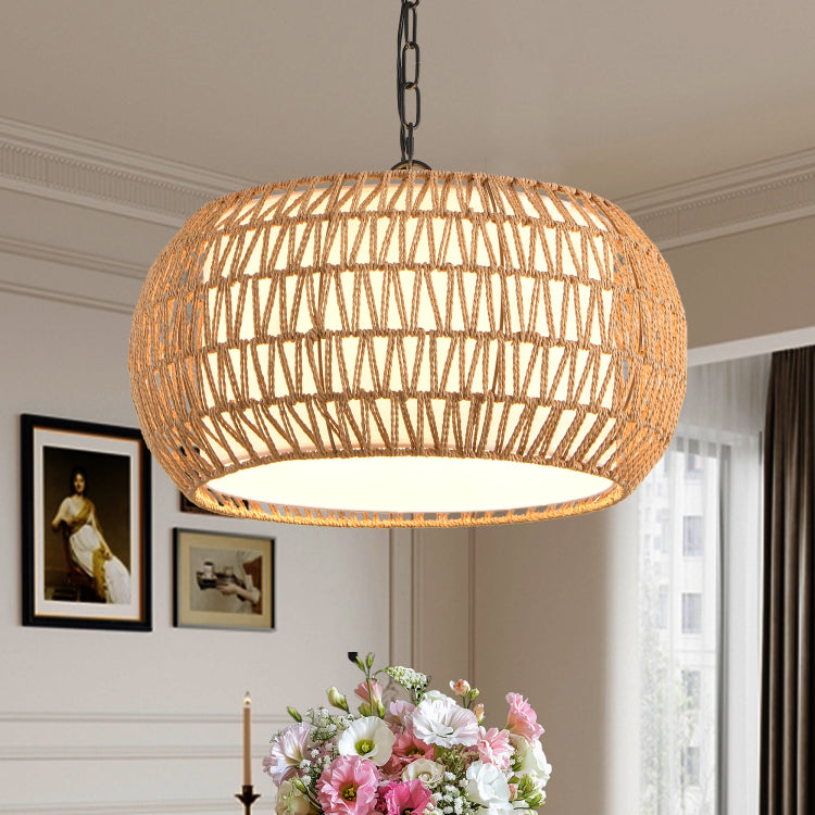 18" Farmhouse Pendant Light With Adjustable Height, Boho Woven Jute Rope Hanging Ceiling Light Fixture, E26 Base, 60W Max, Compatible With Flat, Vaulted, And Sloped Ceil Bulb Not Included