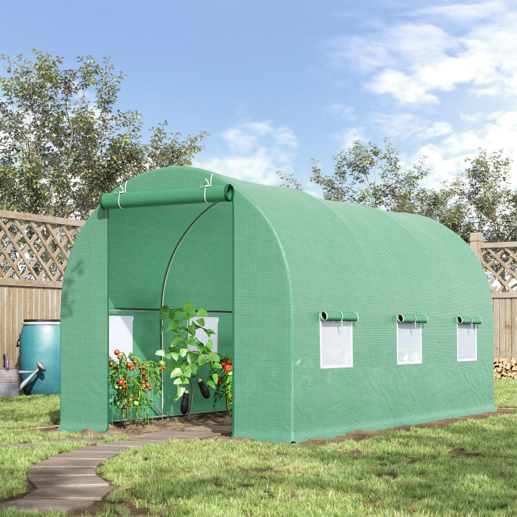 Outsunny 15' X 6' X 7' Walk In Tunnel Greenhouse Garden Plant Growing House With Door And Ventilation Window, Green