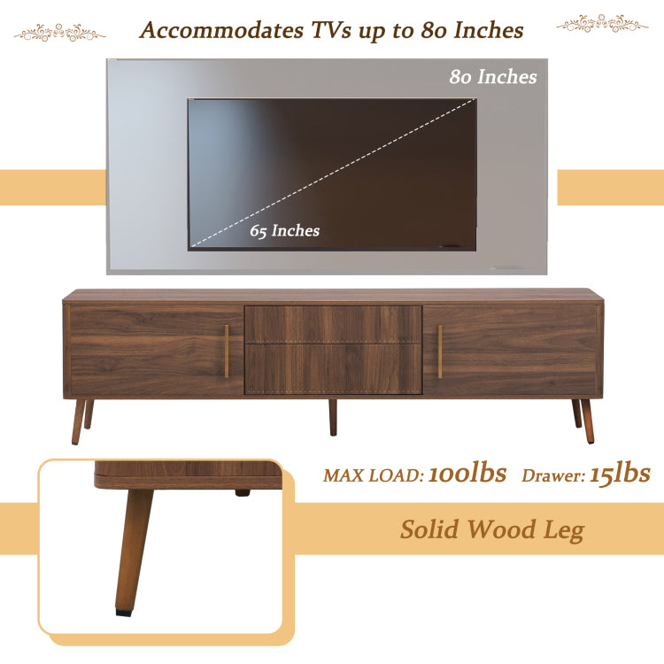 Mid Century Tv Stand With 2 Drawers, Media Console Table For Tvs Up To 80'', Entertainment Center With Storage For Living Room, Bedroom, Home Theatre