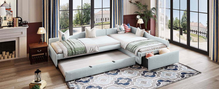 Upholstered Double Twin Size Daybed With Trundle And Drawer, Beige