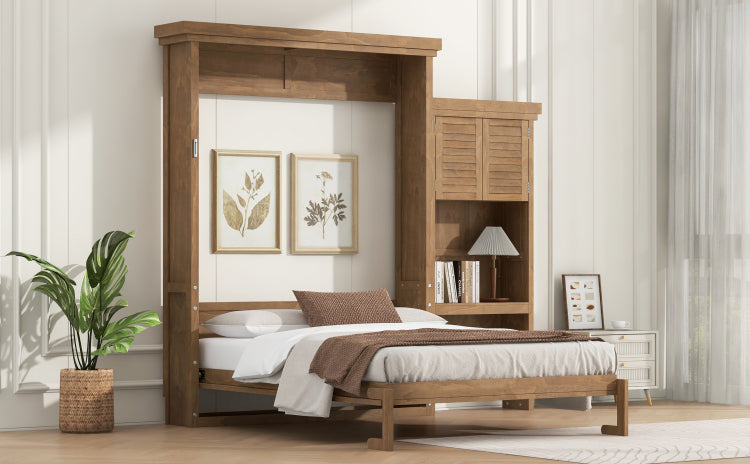 Queen Size Murphy Bed With Multiple Storage Shelves And Louvered Style Decoration, Wood Color