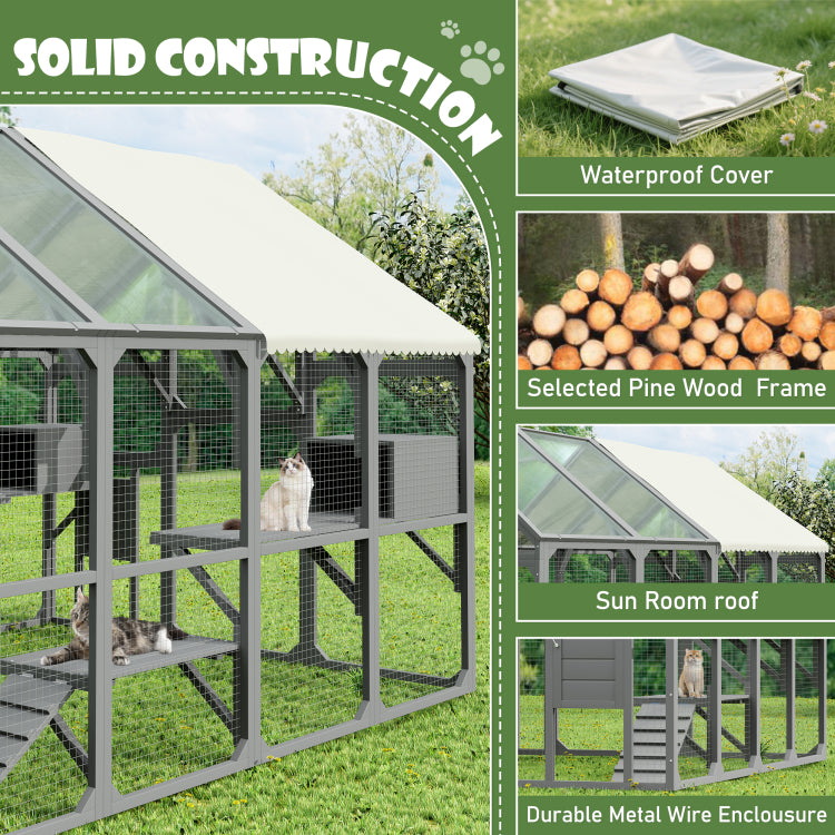 Large Catio Outdoor Cat Enclosure For Multiple Kittens, Wooden Cat House With 7 Platforms, 2 Resting Boxes, 1 Bridge And 1 Ramp, Walk In Kitty Cage Kennel With Sunshine Board Roof, Gray