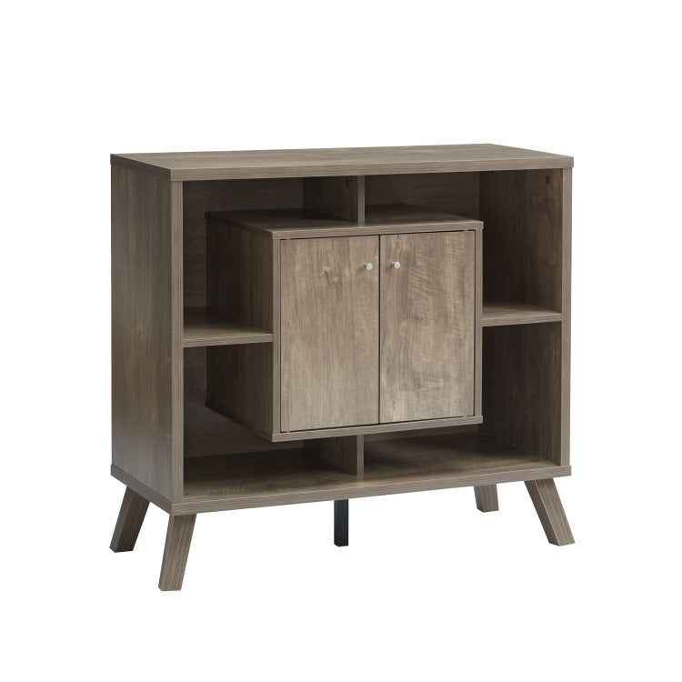 Compact Display Storage Sideboard Bookcase Cabinet Two Door Four Open Shelves Metal Knobs Wooden Flared Legs