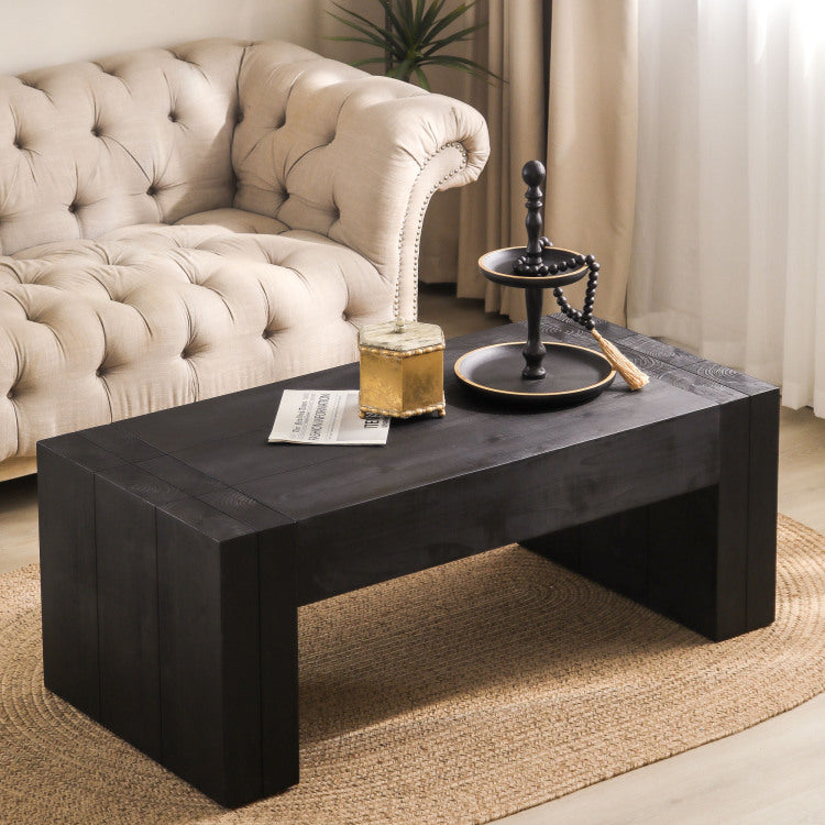 Modern Black Solid Wood Coffee Table, 49In Rectangular Coffee Table For Living Room, Farmhouse & Contemporary Decor