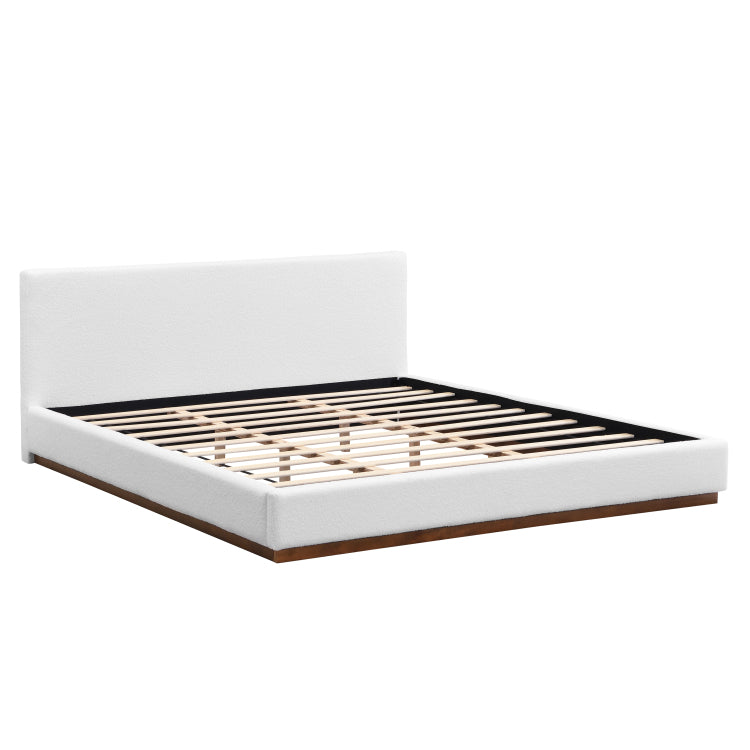 Elegant White Fabric Upholstered Bed With Nice Wood Grain Textured Brown Solid Wood Base Frame,White,King