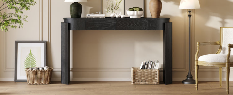 Entryway Table With Natural Wood Grain Finish, Console Table With Fluted Design, Oval Top And 2 Drawers For Entryway And Living Room Black