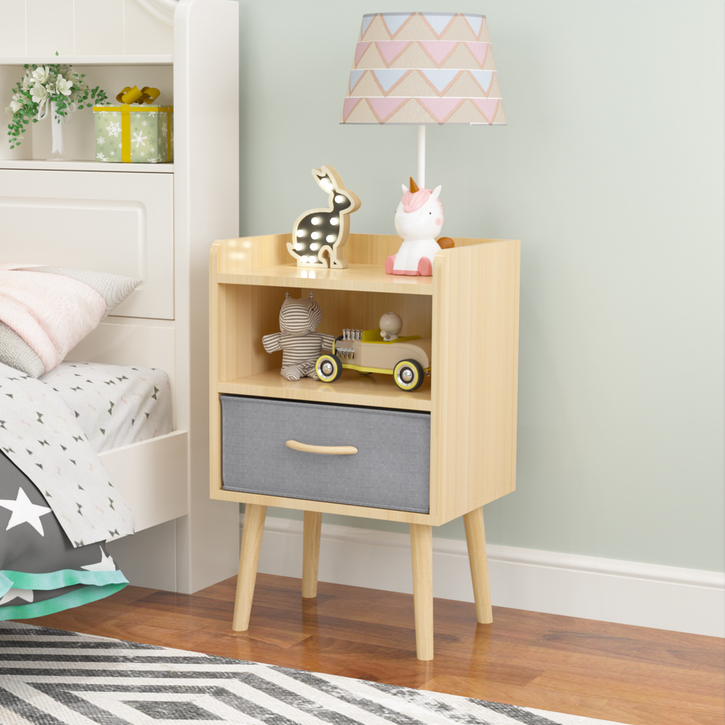Nightstand With Collapsible Fabric Drawer, 2 Tier Storage End Table, Wood Side Table With Storage Cabinet Or Kids, Adults Oak