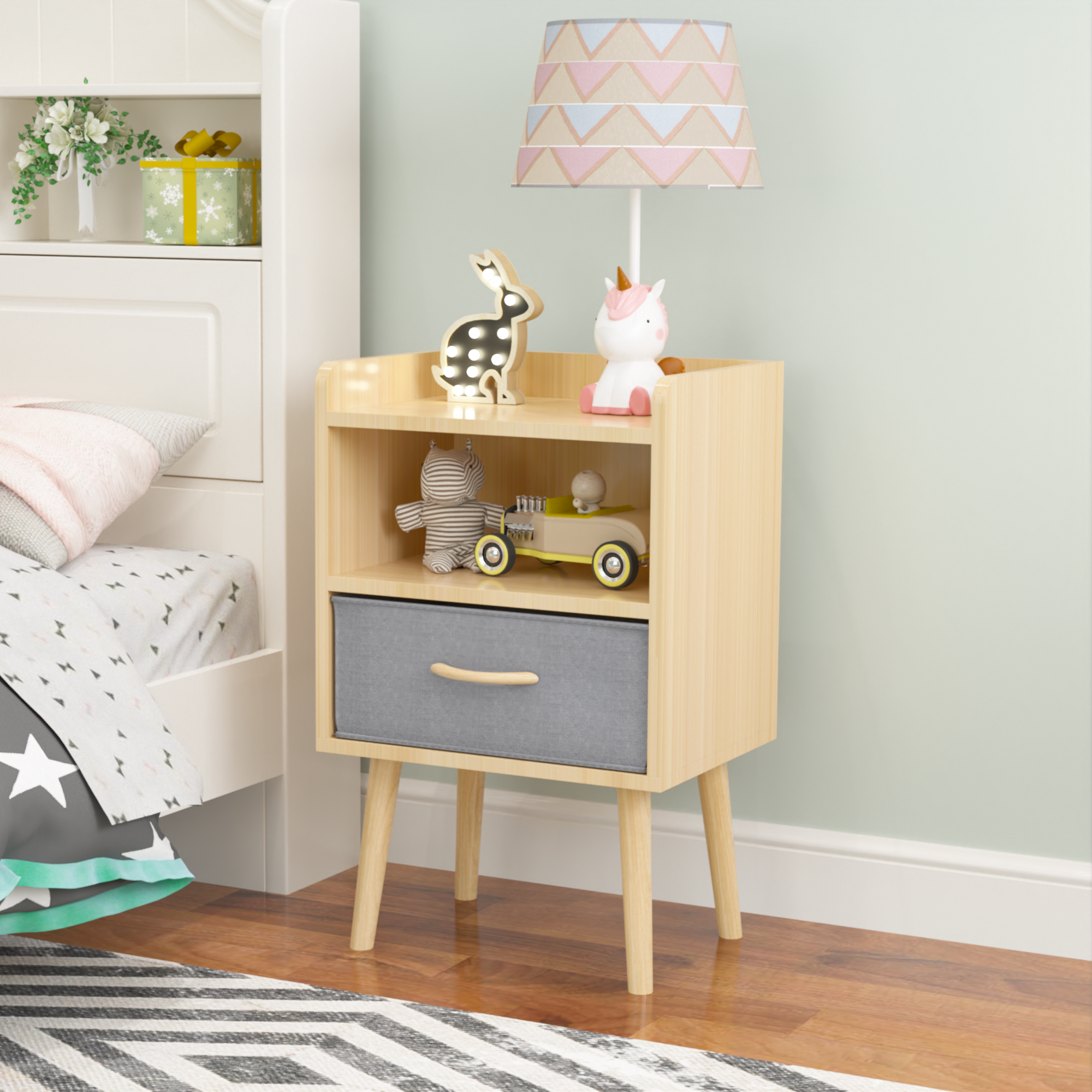 Nightstand With Collapsible Fabric Drawer, 2 Tier Storage End Table, Wood Side Table With Storage Cabinet Or Kids, Adults Oak