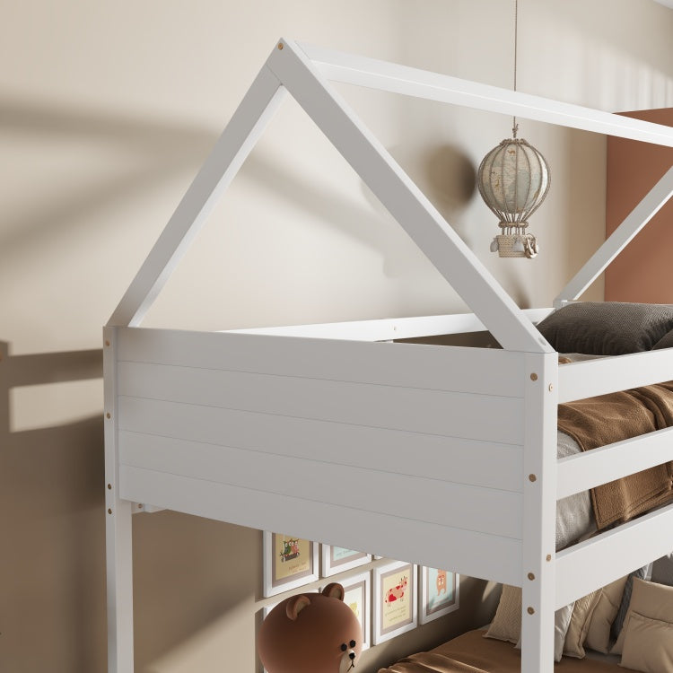 Twin Over Twin House Floor Bunk Bed With Headboards, Footboards And Guardrails, Ladder, Rubber Wood Bunk Bed With Safety Guardrails,White