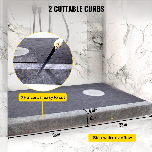 Shower Curb Kit 38" X 60" Watertight Shower Curb Overlay With 4" Pvc Offset Bonding Flange, 4" Stainless Steel Grate, 2 Cuttable Shower Curb And Trowel, Shower Pan Slope Sticks Fit For Bathroom