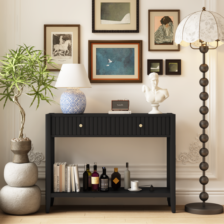 Console Table With Drawers, Narrow Wood Accent Sofa Table Entryway Table With Storage Shelf For Entryway, Front Hall, Hallway, Living Room, Black