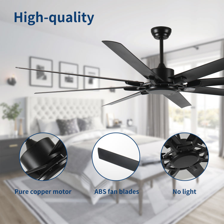 75 Inch Industrial Dc Motor No Light, Large With 8 Reversible Blades, 3 Downrods, 6 Speed Remote Control, Home Or Commercial S For Porch Garage Shop, Black