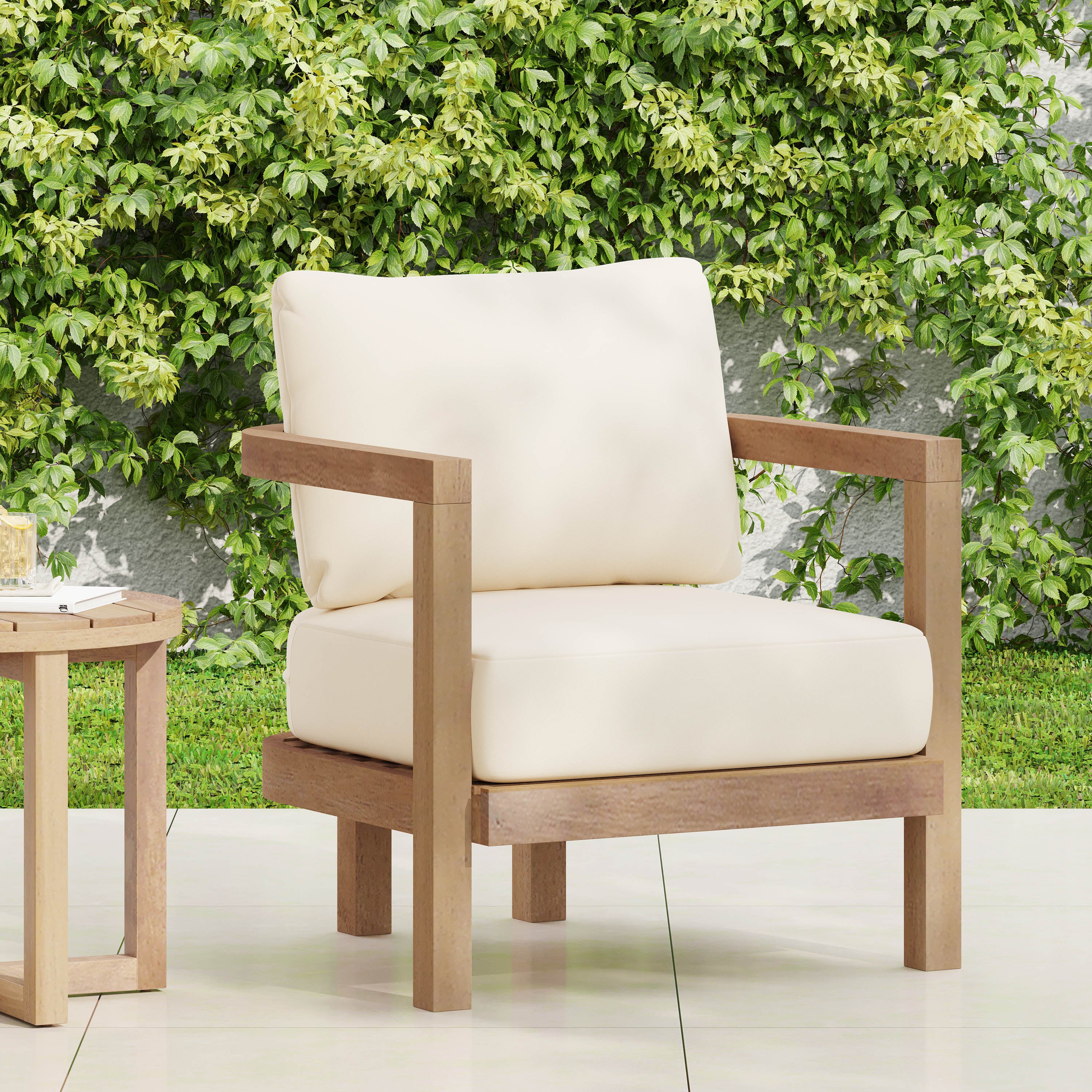Outdoor Acacia Wood Patio Club Chair, Patio Furniture,Waterproof Thick Cushion Deep Seating For Porch, Garden, Backyard, Balcony, Weight Capacity 400Lbs, Brown Wash, Beige Cushion