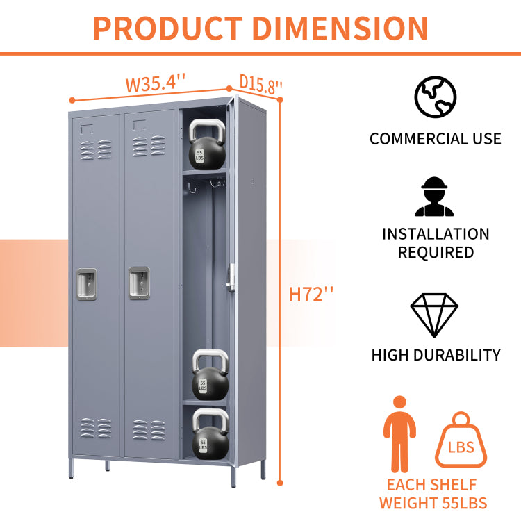 3 Door 72"H Metal Lockers With Lock For Employees,Storage Locker Cabinet For Home Gym Office School Garage,Gray