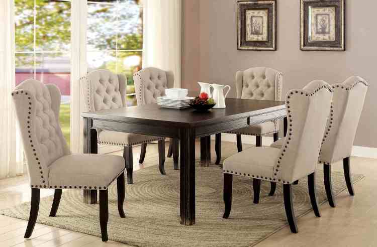 Rustic Style 2Pc Side Chair Button Tufted Nailhead Trim Wingback Antique Black And Beige Finish Dining Room